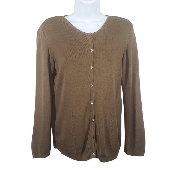 VTG Banana Republic Silk Ribbed Cardigan Pointelle Detail Taupe Preppy Womens M - Picture 1 of 12